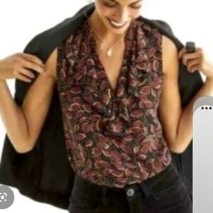 Floral Leaf Print Ruffle V-Neck Blouse